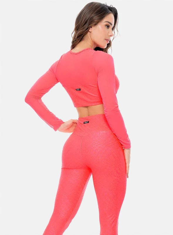 TOP DEPORTIVO MUJER MANGA LARGA EN TELA JACQUARD CON RECOGIDO EN BUSTO TALLA S - M