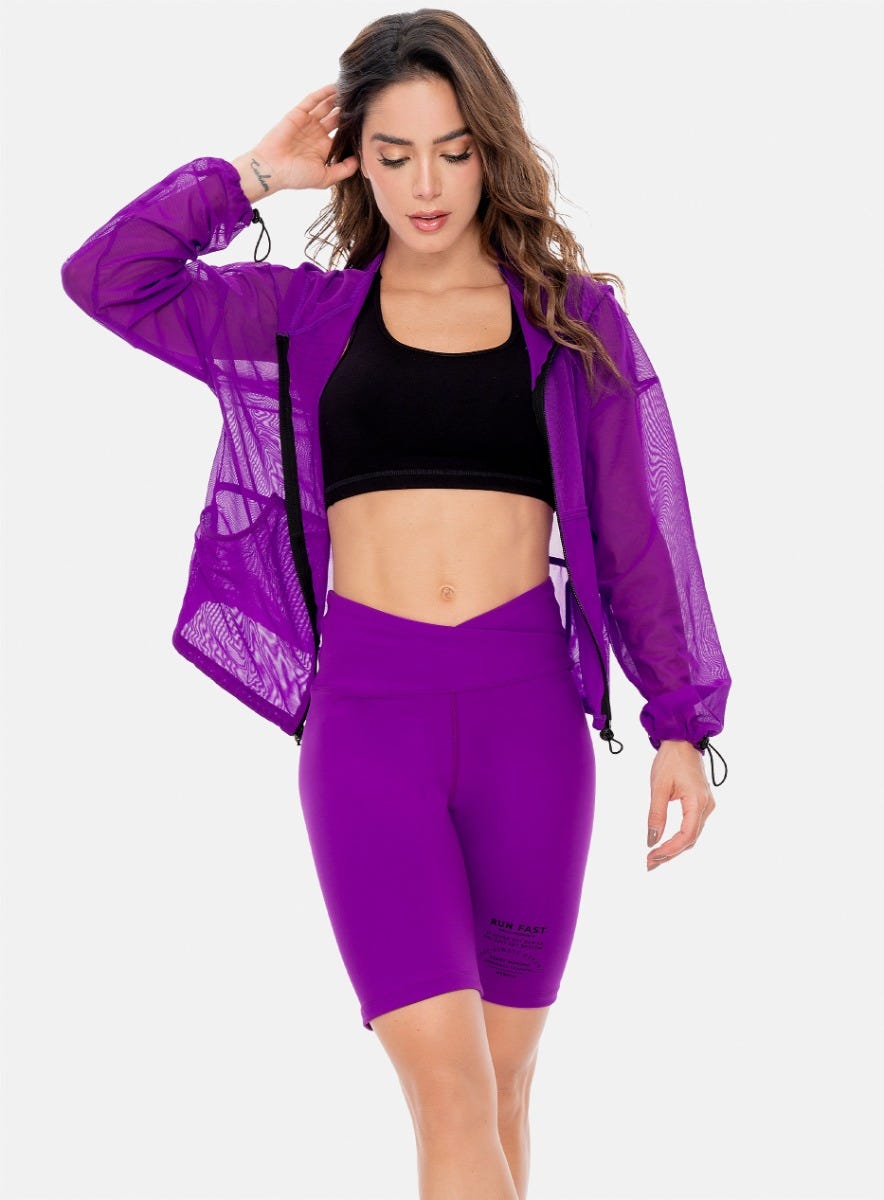 CHAQUETA DEPORTIVA MUJER CON CHOMPA EN TELA SEMI TRANSPARENTE CON CORDÓN TALLA S - M