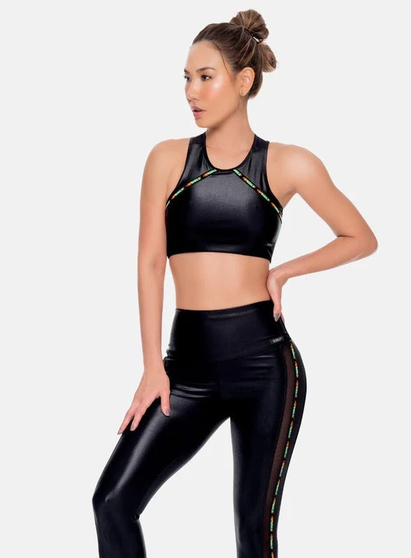 TOP DEPORTIVO MUJER TELA APARIENCIA CUERO CON ELASTICO EXPUESTO ESTAMPADO TALLA S - M