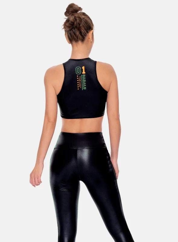 TOP DEPORTIVO MUJER TELA APARIENCIA CUERO CON ELASTICO EXPUESTO ESTAMPADO TALLA S - M