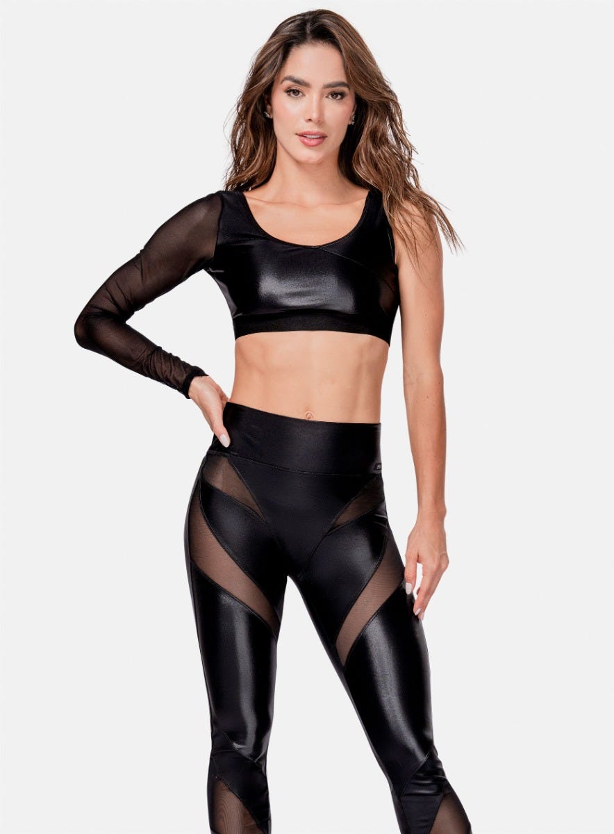 TOP DEPORTIVO MUJER TELA APARIENCIA CUERO CON MANGA EN TELA SEMI TRANSPARENTE TALLA S - M PRECIO ESPECIAL