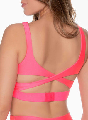 Top deportivo color rosado neon para mujer, marca BABALÚ, referencia 109223, vista trasera. Compra al por mayor en babalu.com.co en COP.