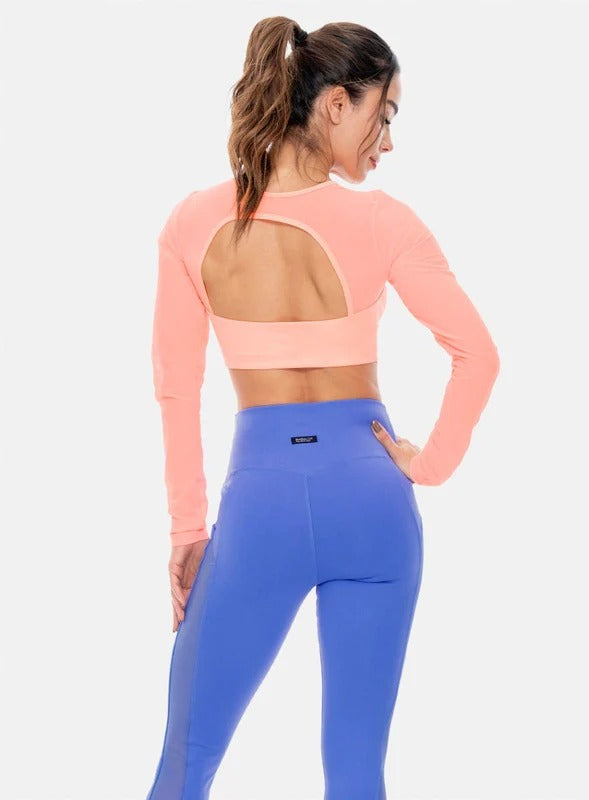 TOP DEPORTIVO MUJER MANGA LARGA CON CORTES EN TELA SEMI TRANSPARENTE TALLA S - M