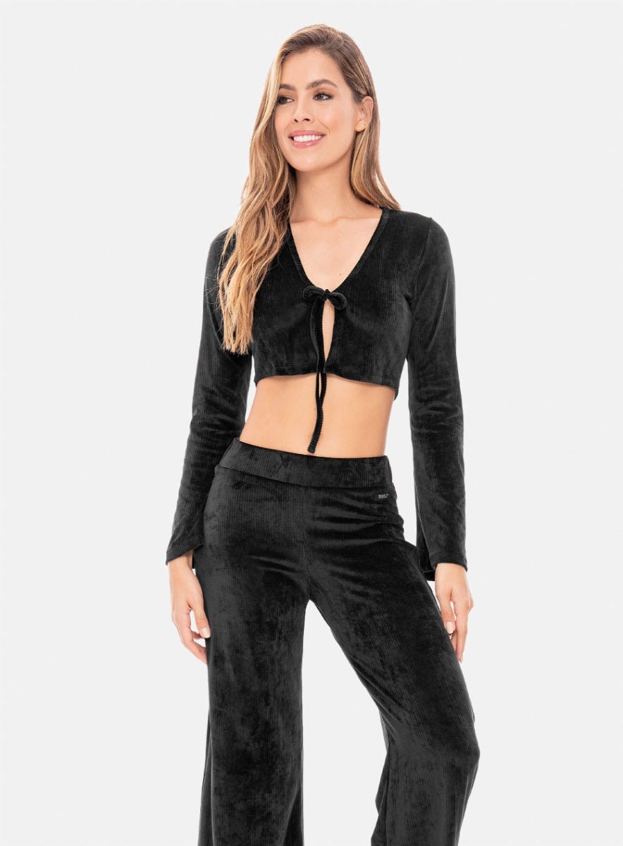 TOP DEPORTIVO MUJER MANGA LARGA DE ANUDAR EN FRENTE EN TELA TIPO GAMUZA TALLA S - M - ¡PRECIO ESPECIAL!