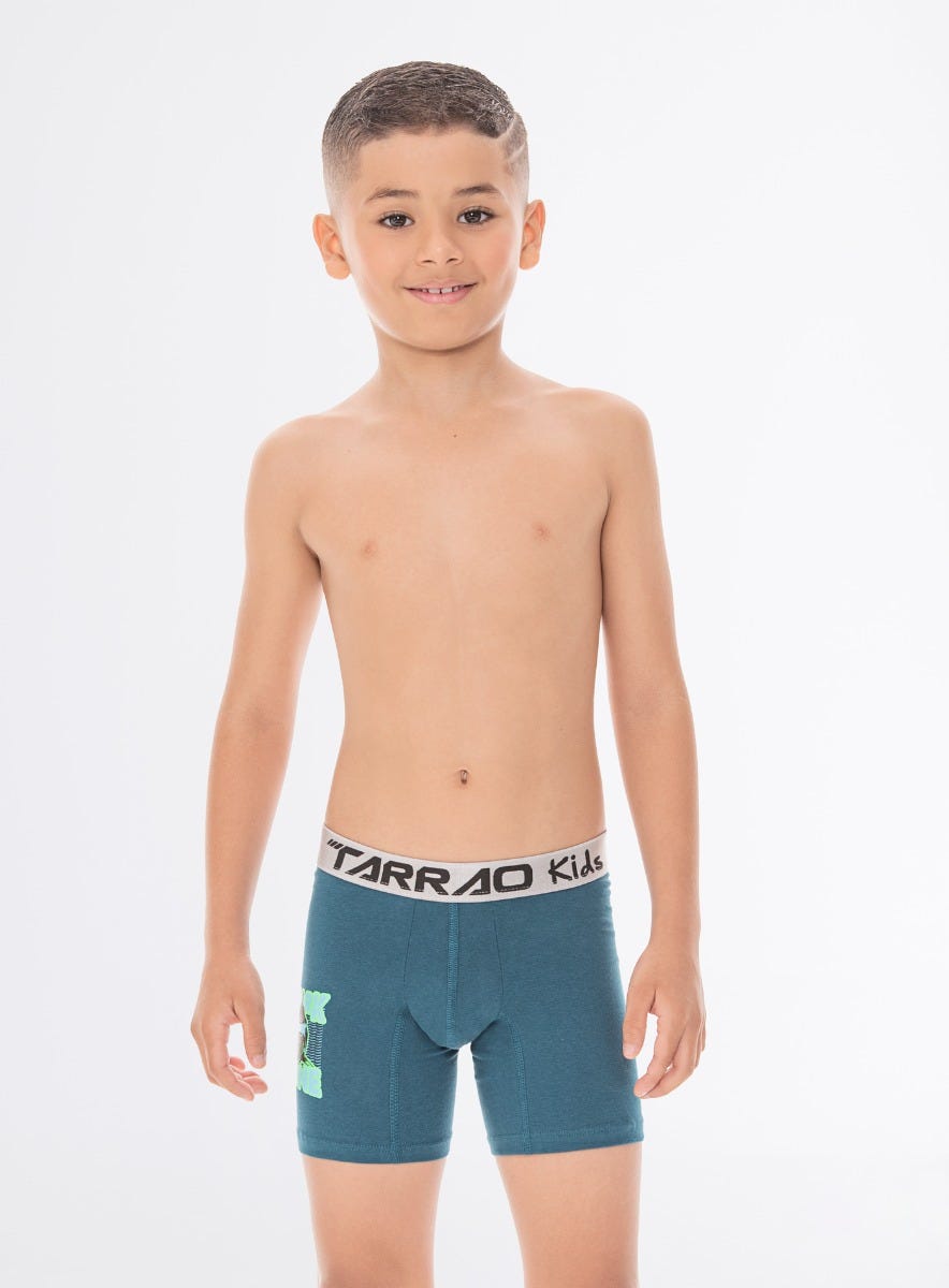 Bóxer infantil unicolor con estampado reflectivo en costados de la pierna, en algodón natural Tarrao Tarrao Kids ref 19561