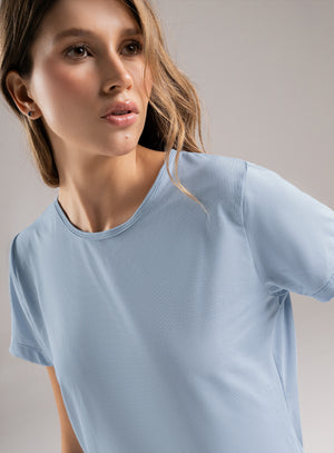 Camiseta deportiva color azul para mujer, marca BABALÚ, referencia 112823, vista frontal. Compra al por mayor en babalu.com.co en COP.