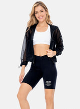 CHAQUETA DEPORTIVA MUJER CON CHOMPA EN TELA SEMI TRANSPARENTE CON CORDÓN TALLA S - M