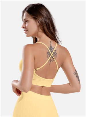 Top deportivo color amarillo para mujer, marca BABALÚ, referencia 112883, vista trasera. Compra al por mayor en babalu.com.co en COP.