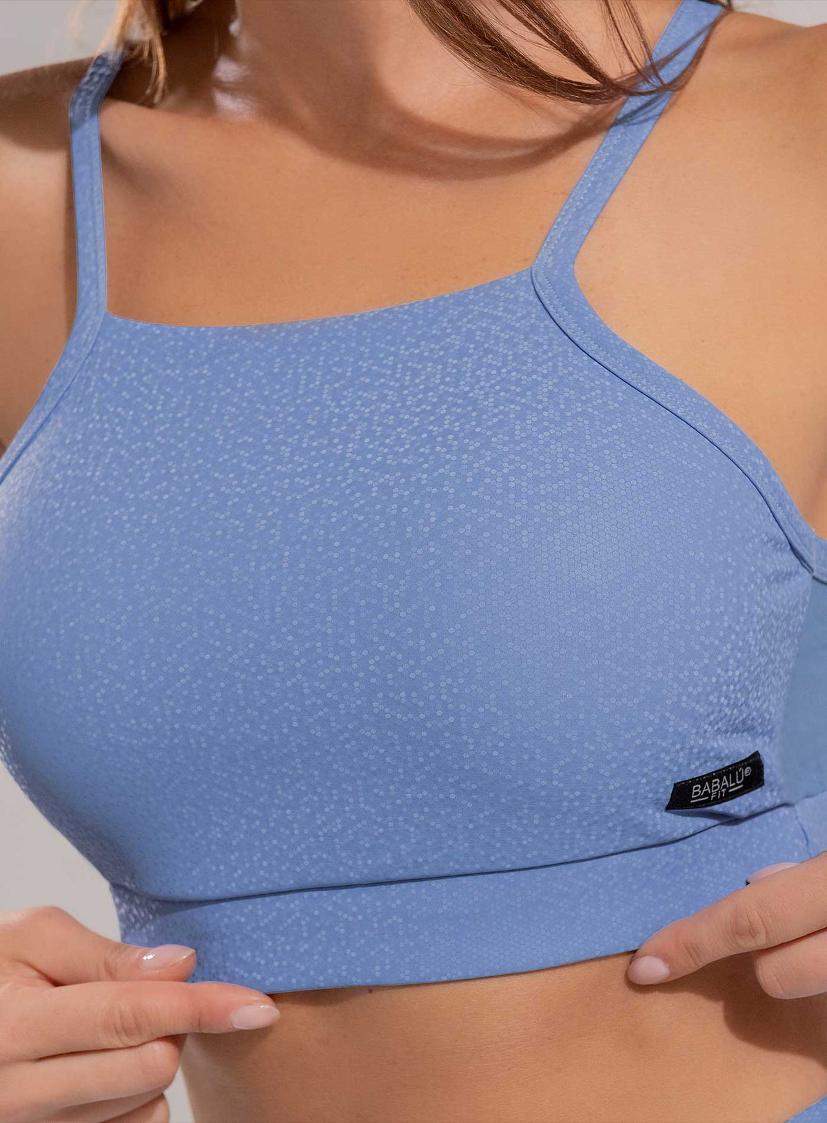 Top deportivo color azul para mujer, marca BABALÚ, referencia 112303, vista detalle. Compra al por mayor en babalu.com.co en COP.