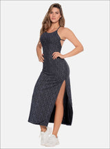 VESTIDO LARGO EN MALLA SULIMADO ANIMAL PRINT CON ESCOTE EN ESPALDA CARGADERA CRUZADA ABERTURA AL LADO IZQUIERDO